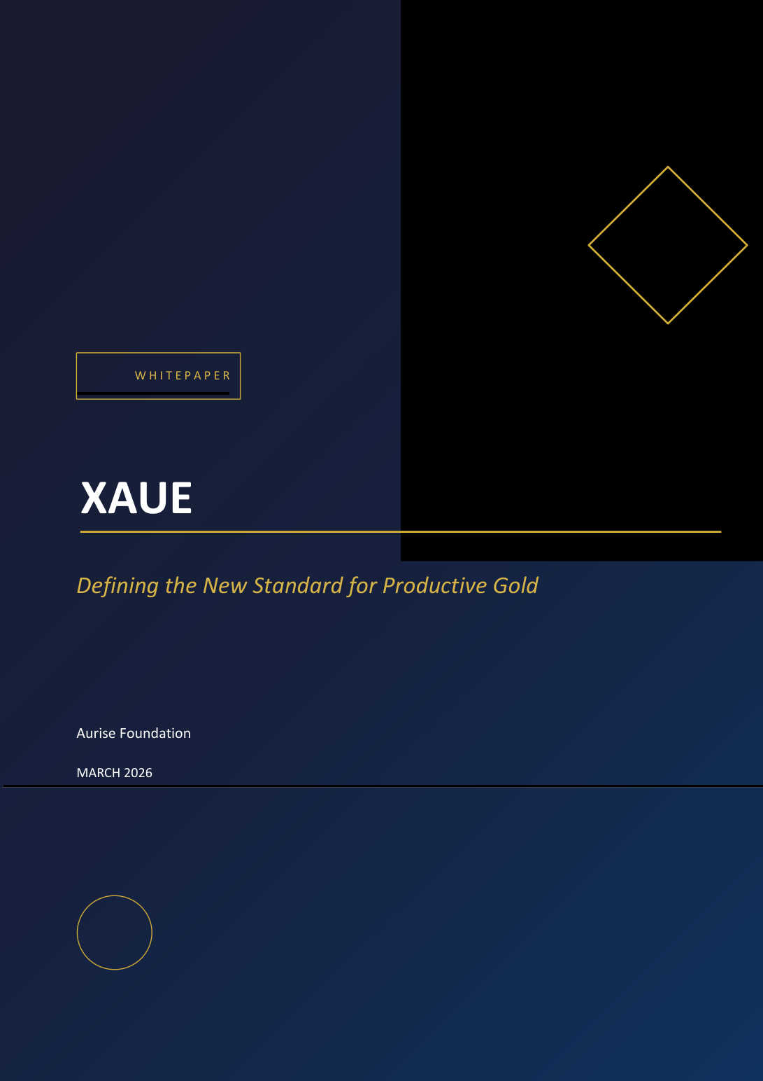 XAUE Whitepaper cover — Defining the New Standard for Productive Gold (Aurise Foundation, March 2026)